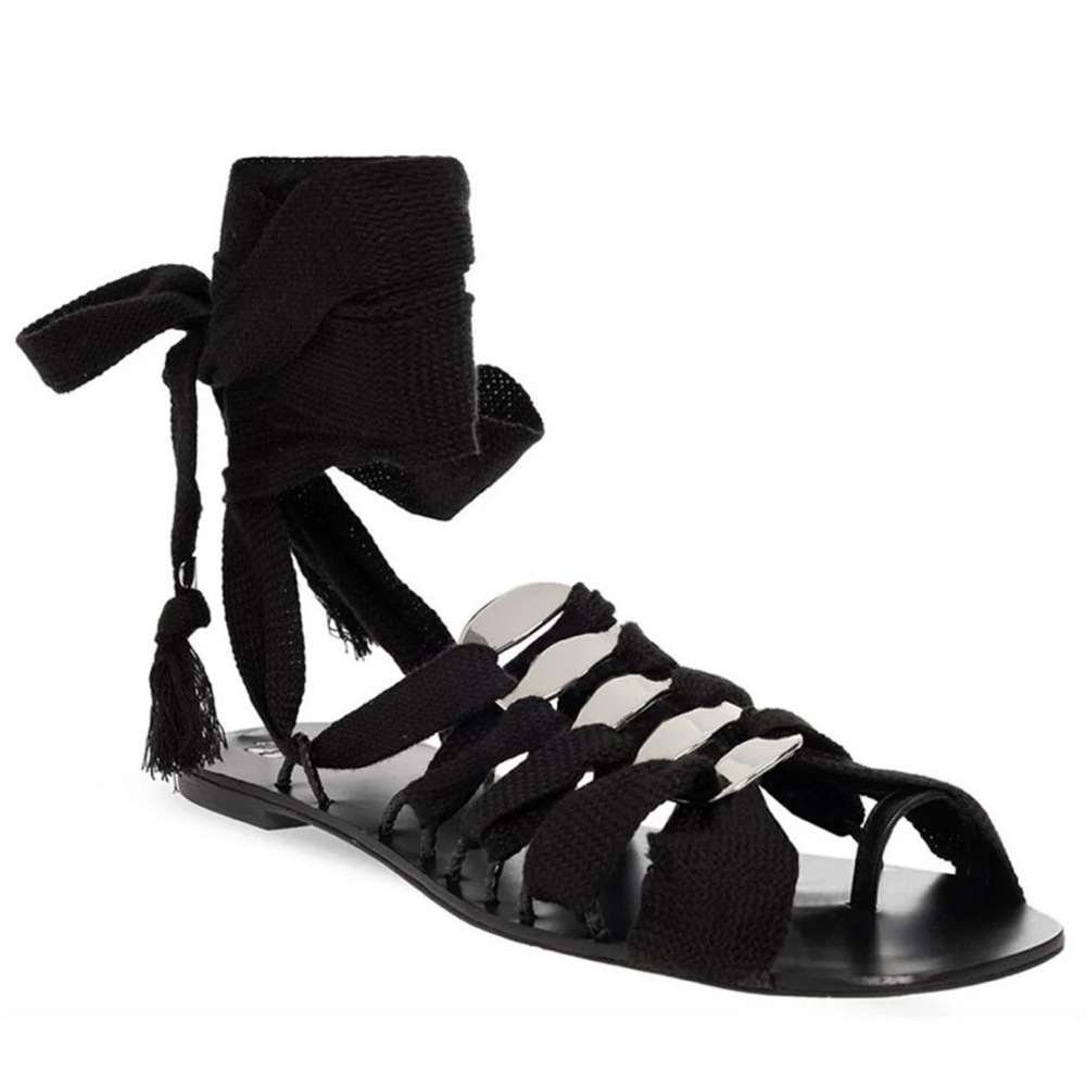 New Tory Burch Ribbon Black Silver Metal Strappy Lace Up Sandals Size 8 $328